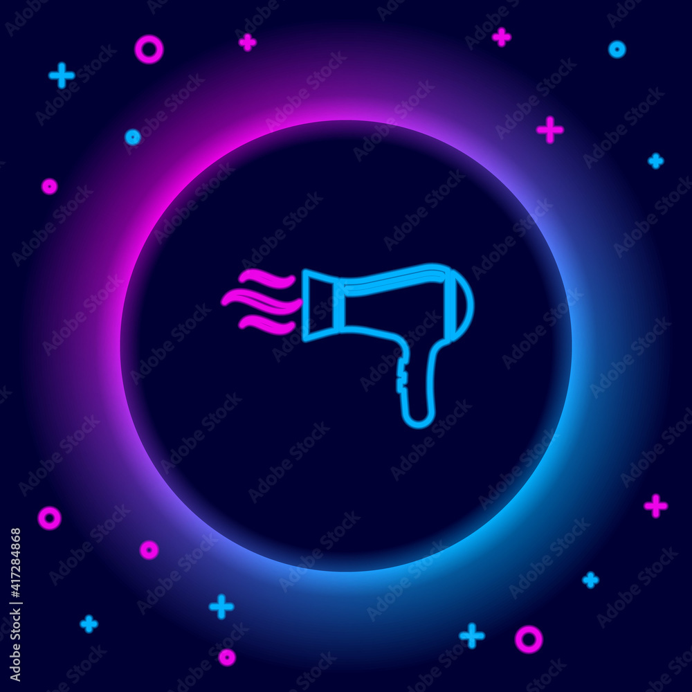 Glowing neon line Hair dryer icon isolated on black background. Hairdryer sign. Hair drying symbol. Blowing hot air. Colorful outline concept. Vector. Glowing neon line Hair dryer icon isolated on black background. Hairdryer sign. Hair drying symbol. Blowing hot air. Colorful outline concept. Vector.