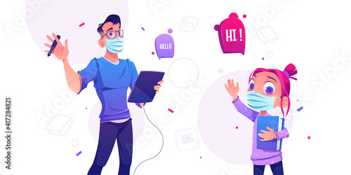 Man designer with graphic tablet and cute little girl with book. People in medical face masks. Vector cartoon illustration with digital artist or illustrator and pretty girl waving by hand
