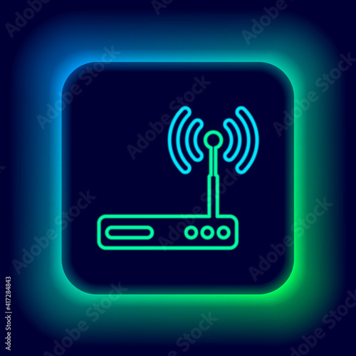 Glowing neon line Router and wi-fi signal symbol icon isolated on black background. Wireless ethernet modem router. Computer technology internet. Colorful outline concept. Vector.