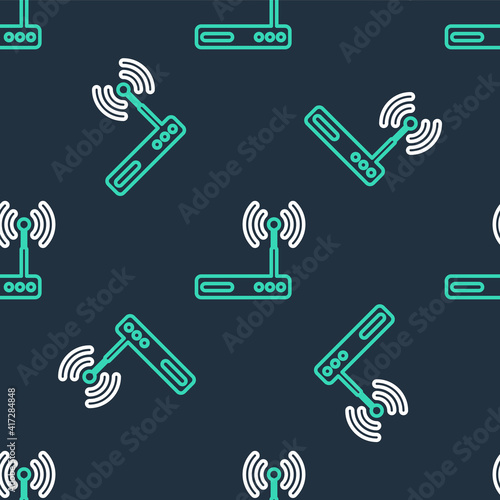 Line Router and wi-fi signal symbol icon isolated seamless pattern on black background. Wireless ethernet modem router. Computer technology internet. Vector.