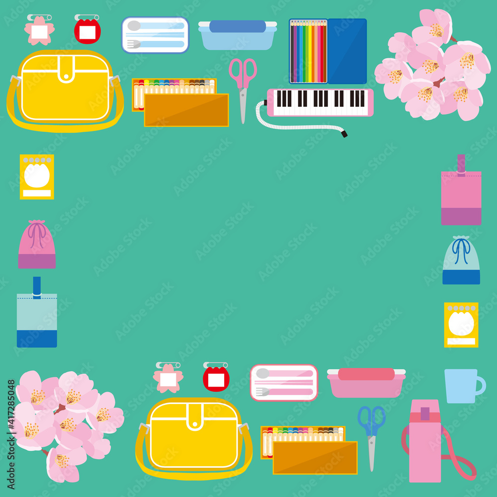 入園準備品と桜イラスト-正方形文字なし 入園準備品と桜イラスト-正方形文字なし