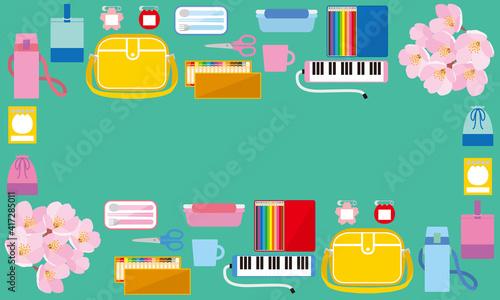 入園準備品と桜イラスト-横長文字なし