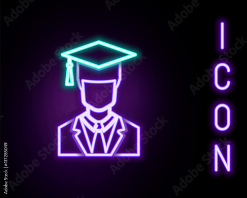 Glowing neon line Male graduate student profile with gown and graduation cap icon isolated on black background. Colorful outline concept. Vector.