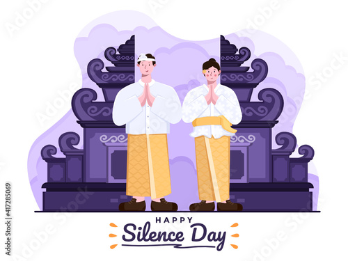 Illustration of Happy day of silence and Hindu saka new year 1943 in indonesian selamat hari raya nyepi dan tahun baru saka hindu 1943. Bali people wear traditional outfit. Galungan,Kuningan tradition