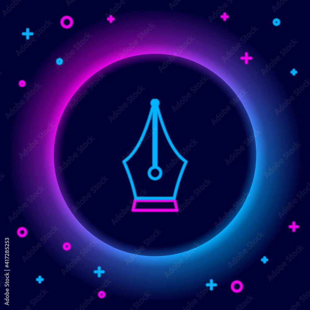 Glowing neon line Fountain pen nib icon isolated on black background. Pen tool sign. Colorful outline concept. Vector. Glowing neon line Fountain pen nib icon isolated on black background. Pen tool sign. Colorful outline concept. Vector.