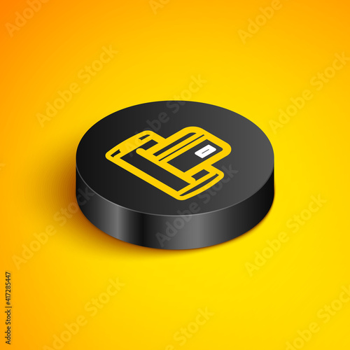 Isometric line NFC Payment icon isolated on yellow background. Mobile payment. NFC smartphone concept. Transfer icon. Black circle button. Vector.