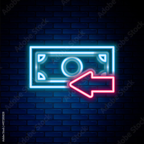 Glowing neon line Cash back icon isolated on brick wall background. Financial services, money refund, return on investment, savings account, currency exchange. Colorful outline concept. Vector.