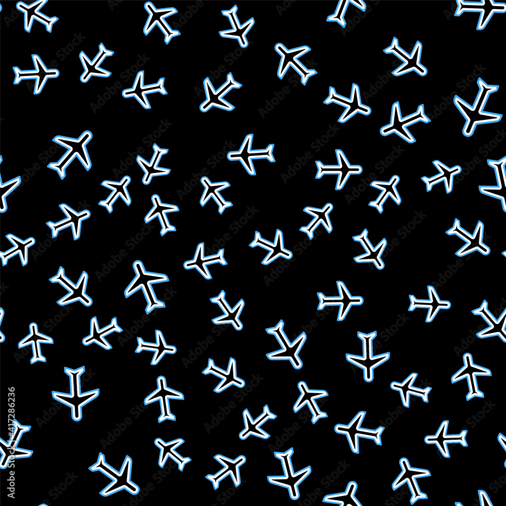Line Plane icon isolated seamless pattern on black background. Flying airplane icon. Airliner sign. Vector. Line Plane icon isolated seamless pattern on black background. Flying airplane icon. Airliner sign. Vector.