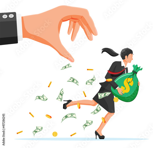 Hand tries to grab the bag of money running businesswoman. Stealing money, tax, debt, fee, crisis and bankruptcy. Protection, banking, property. Vector illustration in flat style