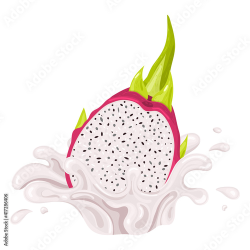 Fresh bright red half pitaya juice splash burst isolated on white background. Summer fruit juice. Cartoon style. Vector illustration for any design.