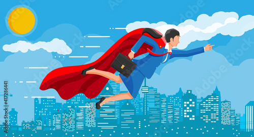 Superhero businesswoman flying over cityscape in sky. Business woman in suit and red cloak. Goal setting. Smart goal. Business target concept. Achievement and success. Flat vector illustration