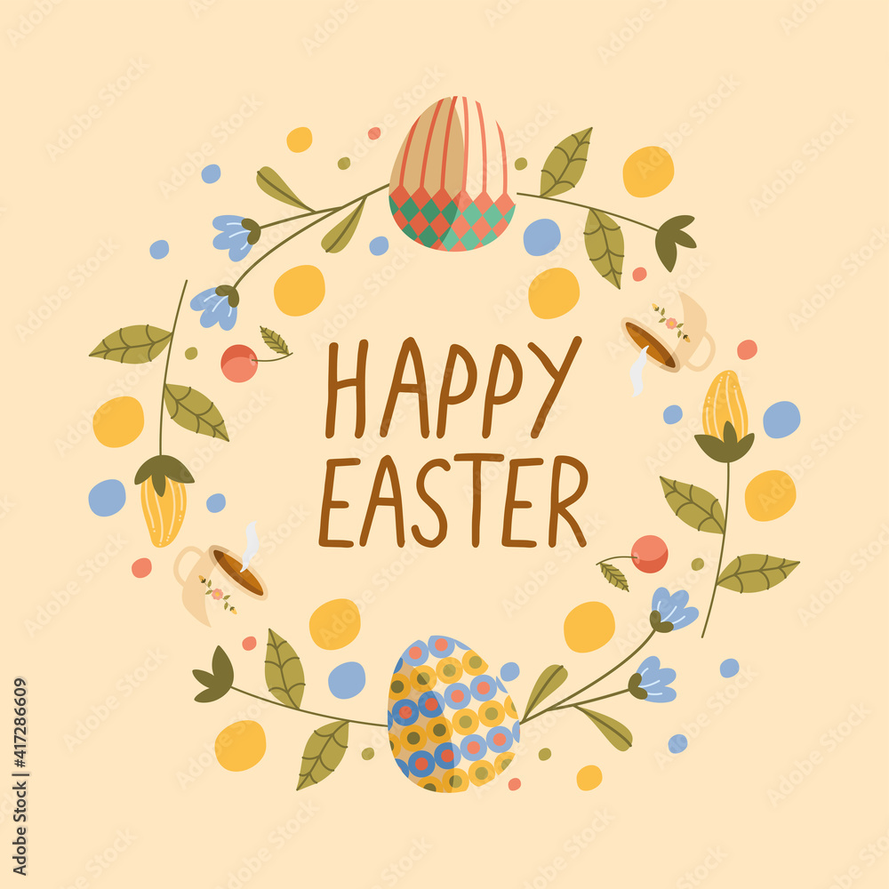 happy easter lettering card with eggs painted in wreath flowers happy easter lettering card with eggs painted in wreath flowers