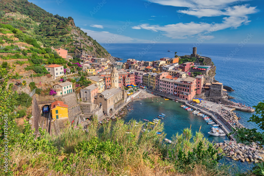Vernazza Italy, city skyline at Cinque Terre of Vernazza village and Mediterranean sea