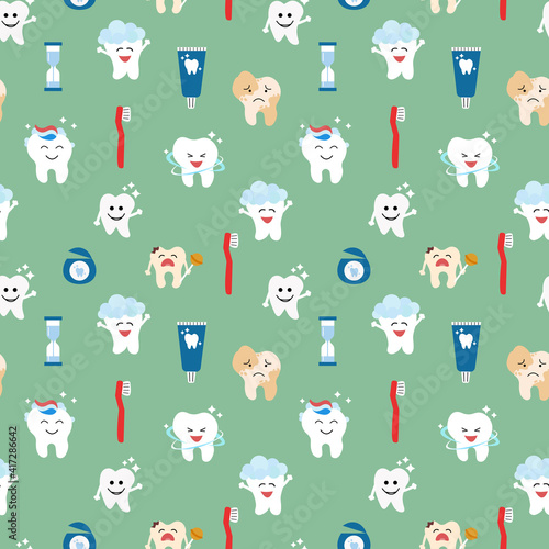 Seamless pattern with cute teeth on green background - for kid dental design. Toothbrush, toothpaste, hourglass.	