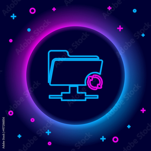 Glowing neon line FTP sync refresh icon isolated on black background. Software update, transfer protocol, router, teamwork tool management, copy process. Colorful outline concept. Vector.