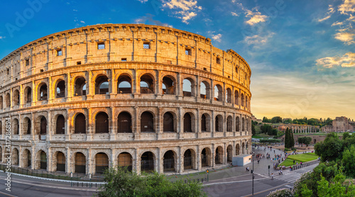 Photography Rome Italy, sunset panorama city skyline at Rome Colosseum