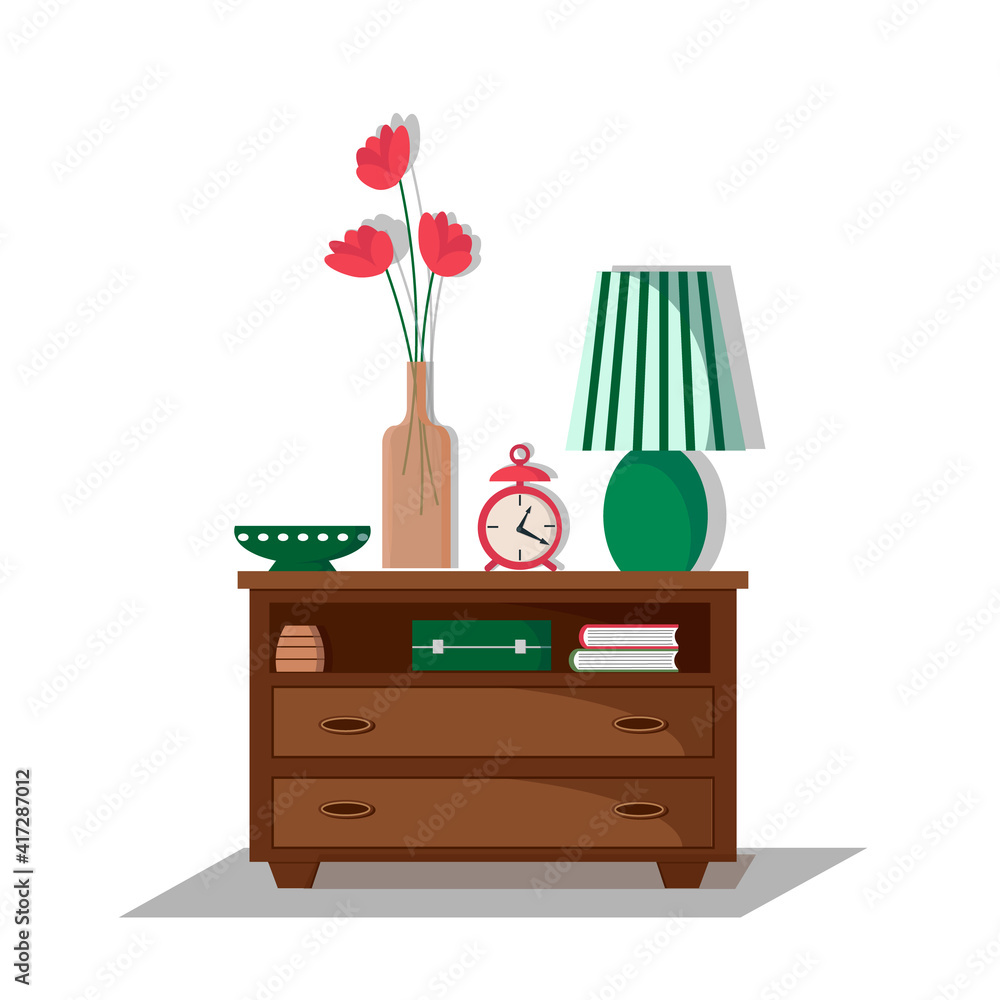 Illustration of interior bedside table with vase, flowers and books. Vector illustration. Modern design for use in the design of brochures, flyers, advertisements. Illustration of interior bedside table with vase, flowers and books. Vector illustration. Modern design for use in the design of brochures, flyers, advertisements.