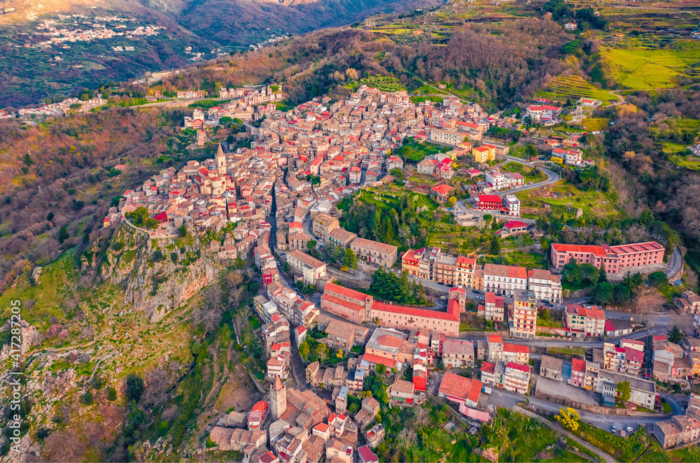 Aerial landscape photography. Colorful morning view from flying drone of Novara di Sicilia town. Picturesque morning view of Sicily, Italy, Europe. Beautiful world of Mediterranean countries.