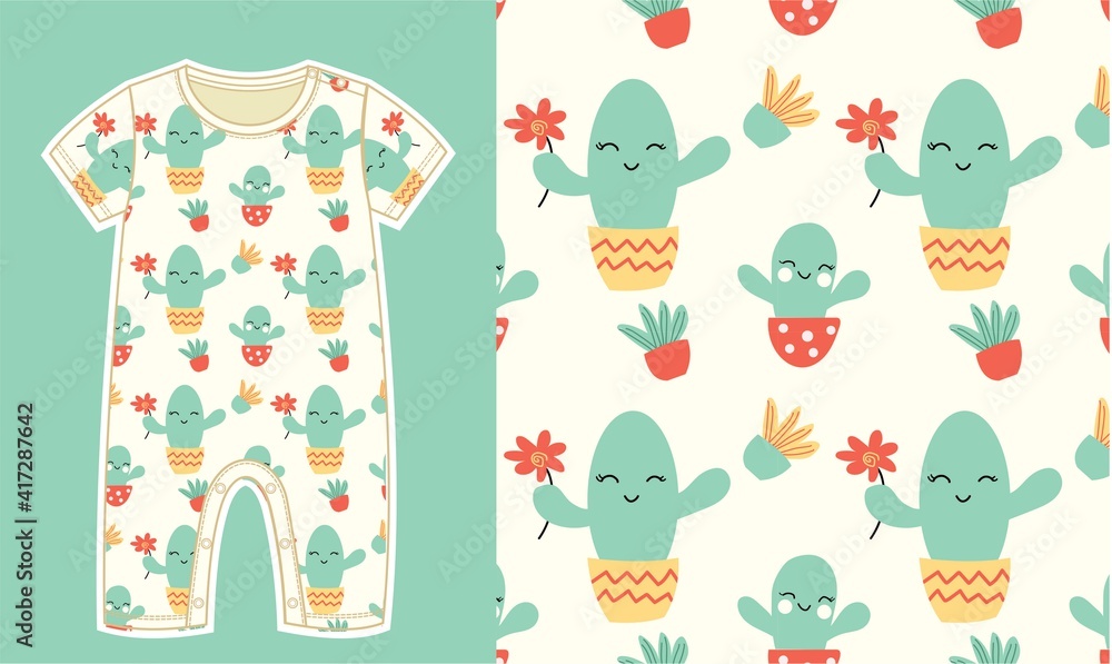 Baby Jumpsuit with cactus pattern. seamless pattern for baby. Baby Jumpsuit with cactus pattern. seamless pattern for baby.