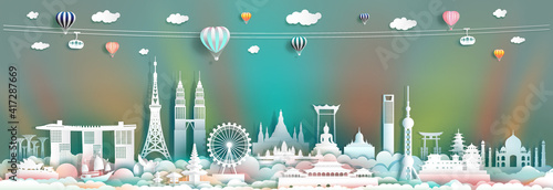 Travel landmarks Asia with colorful cityscape background and asean tourism.