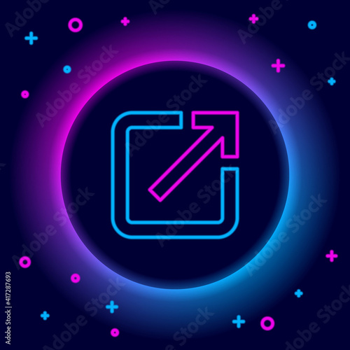 Glowing neon line Open in new window icon isolated on black background. Open another tab button sign. Browser frame symbol. External link sign. Colorful outline concept. Vector.