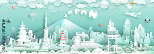 Travel to japan with panorama view landmarks of asian architecture.