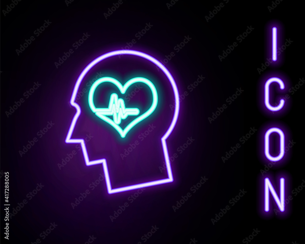 Glowing neon line Male head with a heartbeat icon isolated on black background. Head with mental health, healthcare and medical sign. Colorful outline concept. Vector. Glowing neon line Male head with a heartbeat icon isolated on black background. Head with mental health, healthcare and medical sign. Colorful outline concept. Vector.