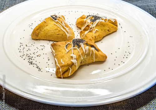 Traditional hamentash cookies filled with fruit jam, homemade for the Jewish ...