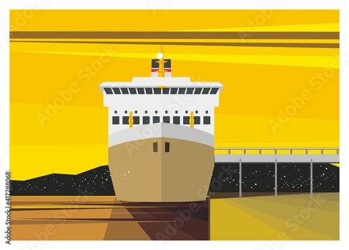 Passenger ship docking on a harbor. Simple flat illustration.