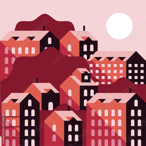 red color buildings minimal city scape scene