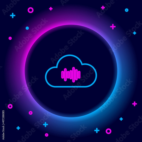 Glowing neon line Music streaming service icon isolated on black background. Sound cloud computing, online media streaming, online song, audio wave. Colorful outline concept. Vector.