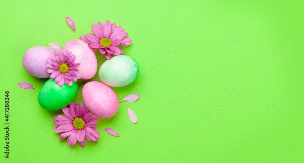 Easter greeting card with colorful easter eggs and flowers Easter greeting card with colorful easter eggs and flowers