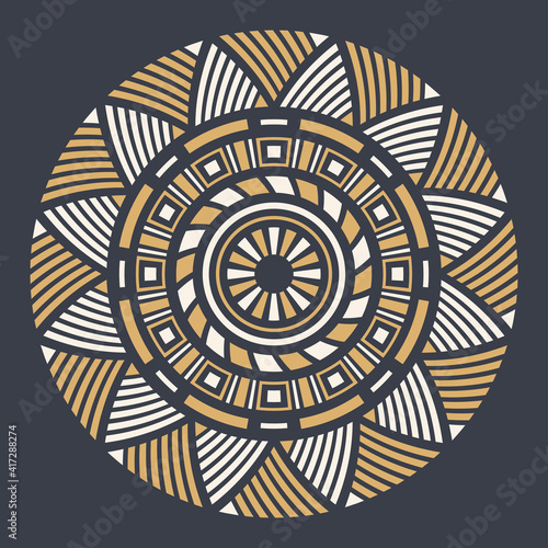 Abstract circular ornament. Ethnic mandala. Stylized sun symbol. Rosette of geometric elements. Tribal ethnic motif. Print. Round color pattern. Decorative vector design element.