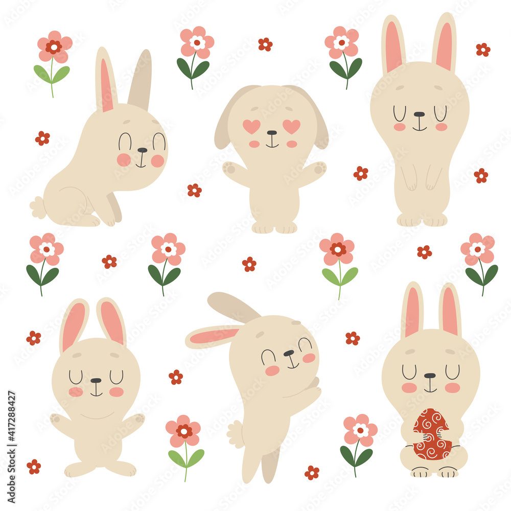 Set of cute Easter bunnies, flowers and decorated eggs on a white background. Traditional symbol of Easter. Funny animals in different poses.