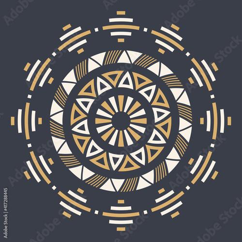 Abstract circular ornament. Ethnic mandala. Stylized sun symbol. Rosette of geometric elements. Tribal ethnic motif. Color print. Round  pattern. Decorative vector design element.