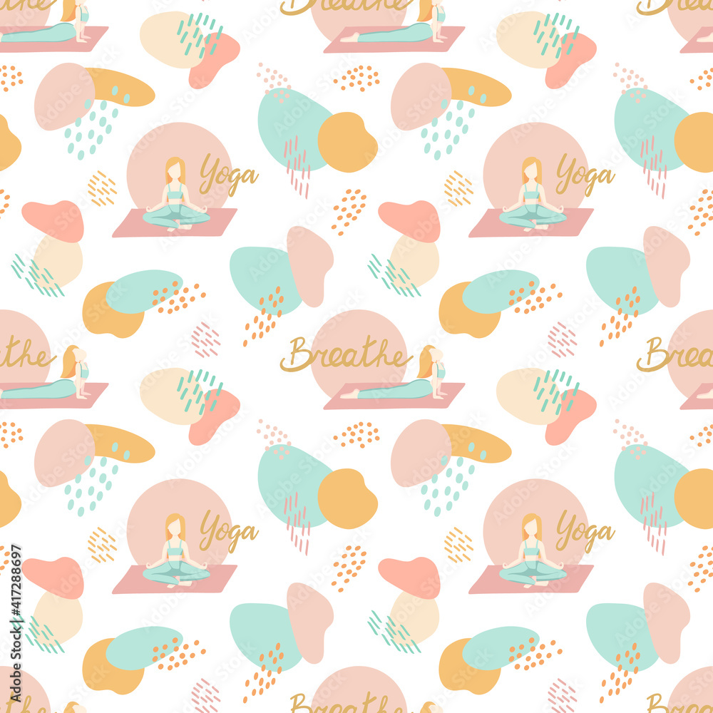 Vector seamless pattern with a woman doing yoga and meditating. Pastel background with abstract vector spots for fabrics, decoration, designs, wallpapers, stationery, prints, wrapping paper, etc. Vector seamless pattern with a woman doing yoga and meditating. Pastel background with abstract vector spots for fabrics, decoration, designs, wallpapers, stationery, prints, wrapping paper, etc.