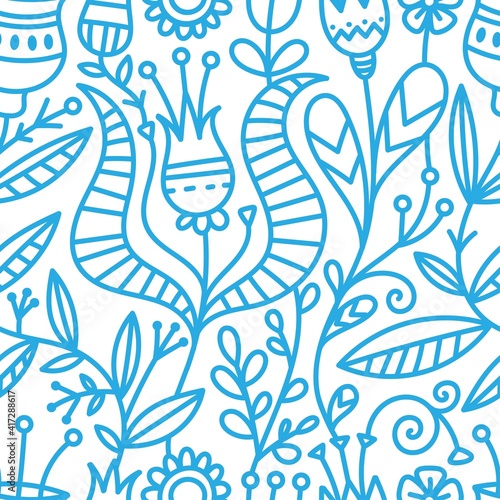 Seamless pattern with different plants and  flowers on  white background. Vector print with herbs. Botanical doodle wallpaper.