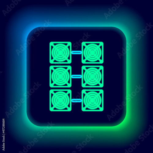 Glowing neon line Mining farm icon isolated on black background. Cryptocurrency mining, blockchain technology, bitcoin, digital money market, cryptocoin wallet. Colorful outline concept. Vector.