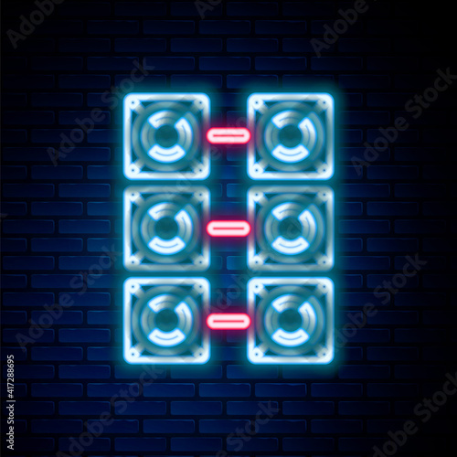 Glowing neon line Mining farm icon isolated on brick wall background. Cryptocurrency mining, blockchain technology, bitcoin, digital money market, cryptocoin wallet. Colorful outline concept. Vector.