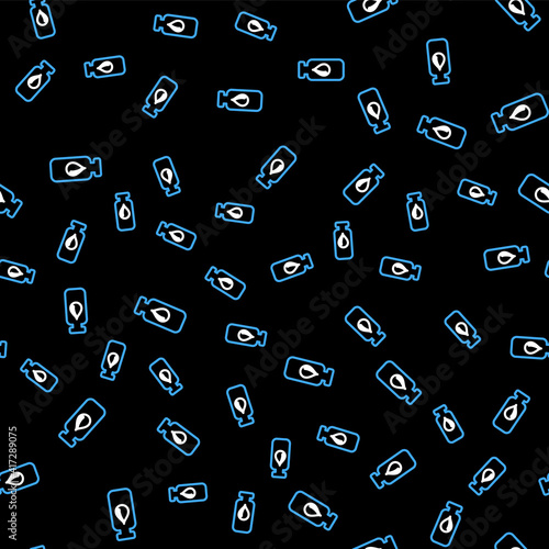 Line Medical vial, ampoule, bottle icon isolated seamless pattern on black background. Vaccination, injection, vaccine healthcare concept. Vector.
