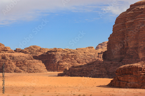 beautiful red relief mountains in the Wadi Rum desert  Jordan  clear sunny day  contrasting shadows