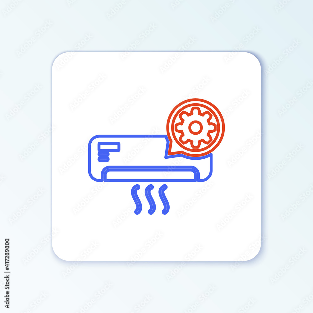 Line Air conditioner and gear icon isolated on white background. Adjusting app, service concept, setting options, maintenance, repair, fixing. Colorful outline concept. Vector. Line Air conditioner and gear icon isolated on white background. Adjusting app, service concept, setting options, maintenance, repair, fixing. Colorful outline concept. Vector.