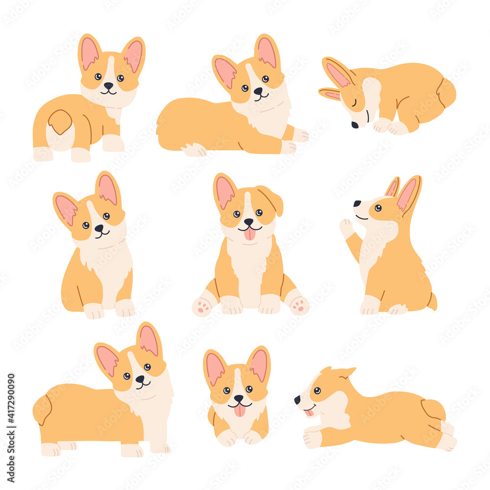 Kawaii corgi stickers set, happy little fun pets with smiling cute face, sitting, standing and lying in different poses. Puppy collection. Hand drawn trendy modern illustration in flat cartoon style
