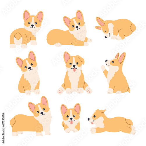 Kawaii corgi stickers set, happy little fun pets with smiling cute face, sitting, standing and lying in different poses. Puppy collection. Hand drawn trendy modern illustration in flat cartoon style