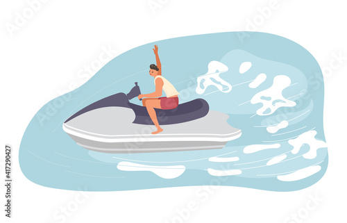 A young man races on aqua bike. Happy character isolated on white background. Flat Art Vector illustration