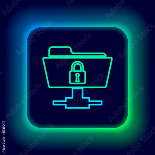 Glowing neon line FTP folder and lock icon isolated on black background. Concept of software update, ftp transfer protocol. Security, safety, protection concept. Colorful outline concept. Vector.