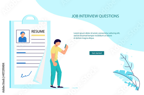 Landing webpage template of Work hiring concept for recruitment agency. Tiny woman select a resume for a job and Big application form for employment. Flat Art Vector Illustration