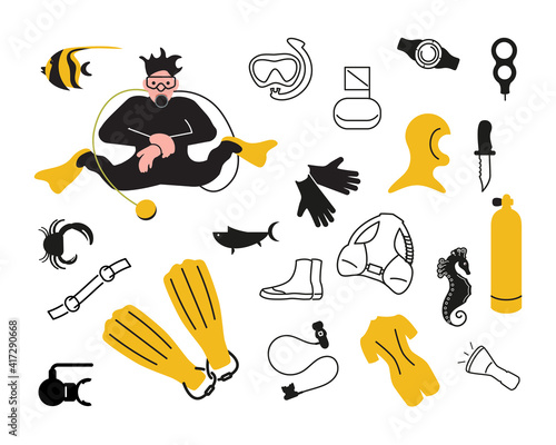 Set of scuba diver and diving equipment. Elements for underwater extreme sport and sea vacation isolated on white background. Flat Art Vector illustration