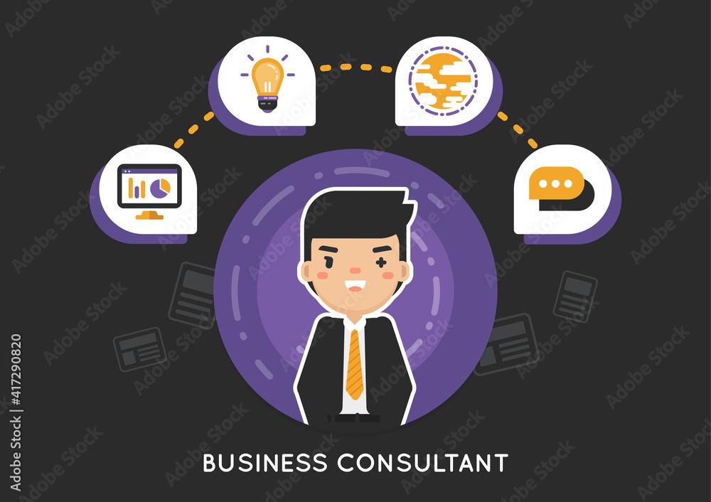 Happy Business Consultant in The Black Suit Concept, Training idea service from businessman in flat design style Happy Business Consultant in The Black Suit Concept, Training idea service from businessman in flat design style