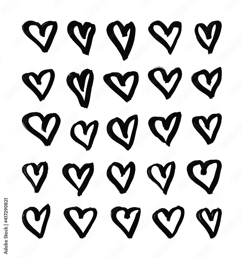 Vector art illustration grunge hearts. Set of hand drawn paint object for design. Black and white Abstract brush drawing Vector art illustration grunge hearts. Set of hand drawn paint object for design. Black and white Abstract brush drawing